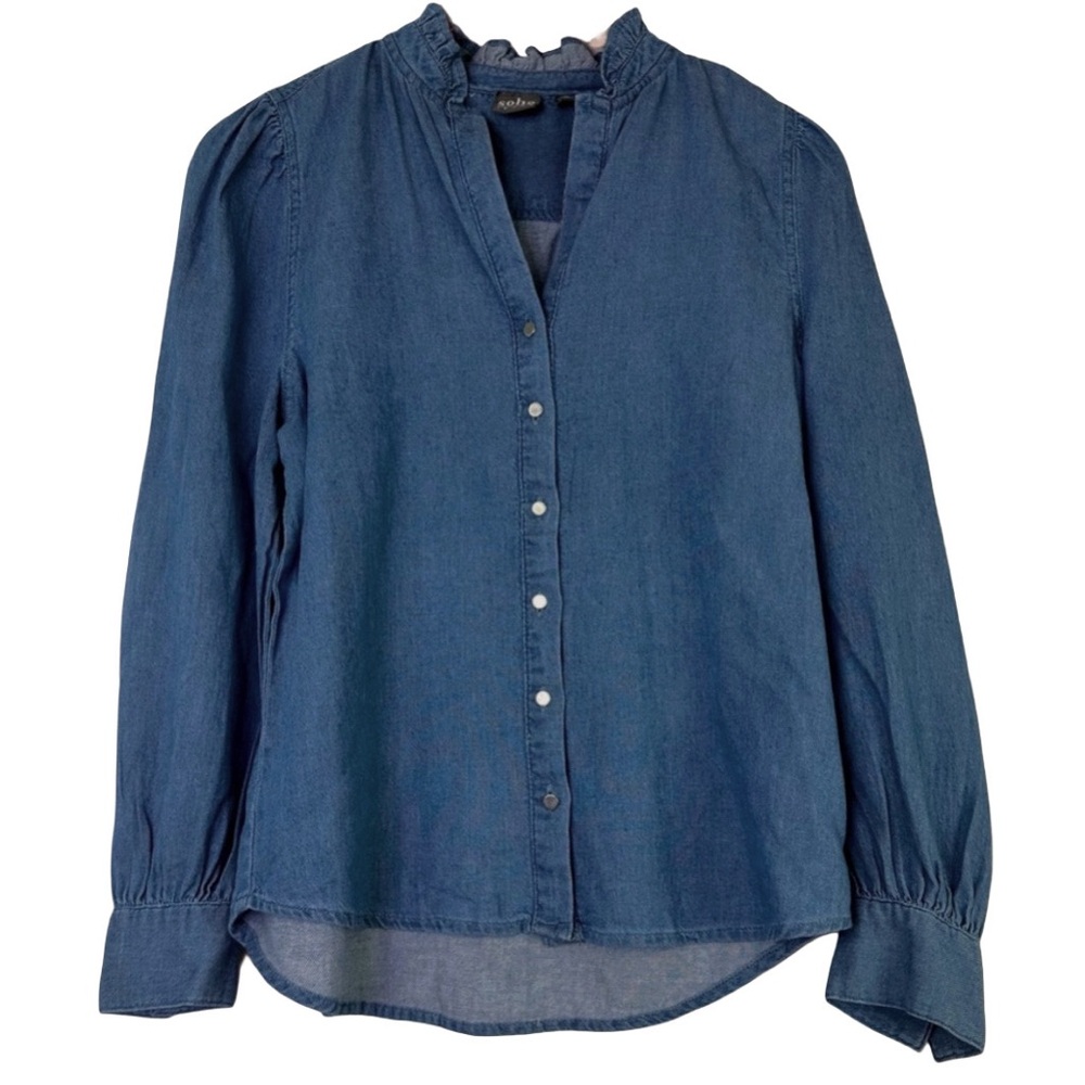 SOHO New York & Company Chambray Button Up Ruffle Neck Puff Shoulder Sleeves
